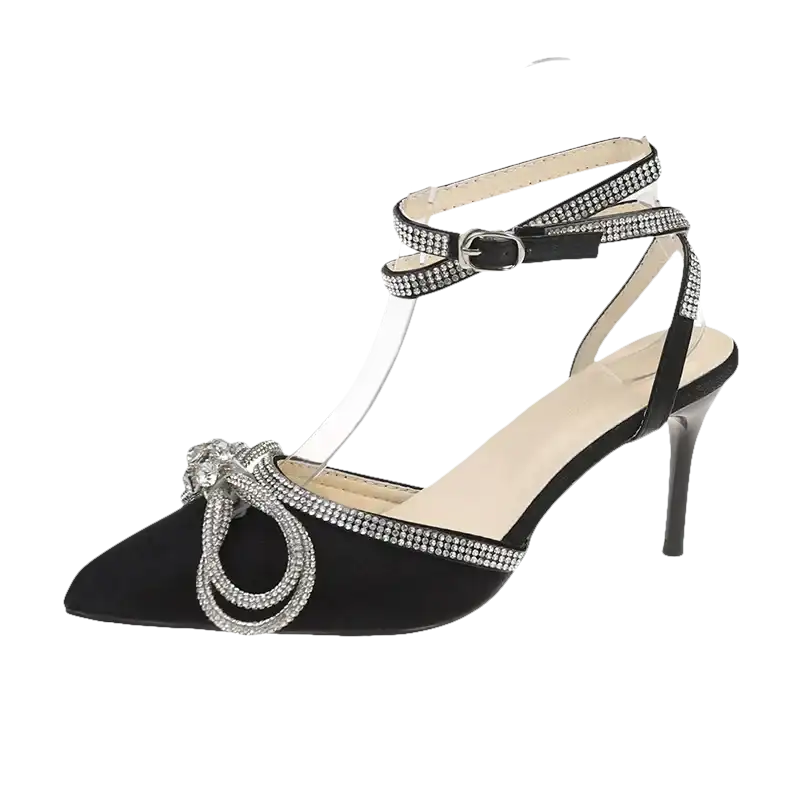 Black stiletto heel with rhinestone embellishments.
