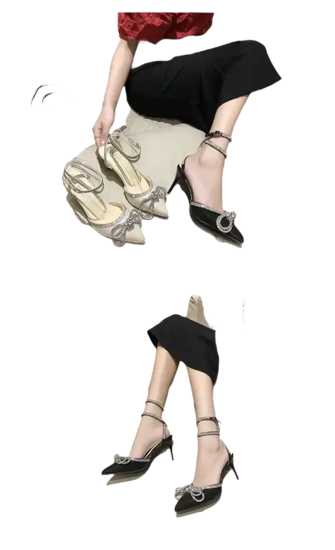 Elegant high-heeled shoes with ankle straps and bow embellishments.