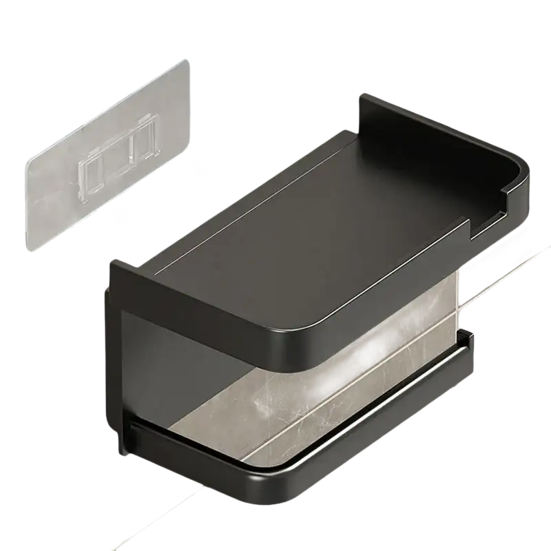 Black metal shelf with towel bar and adhesive mounting.