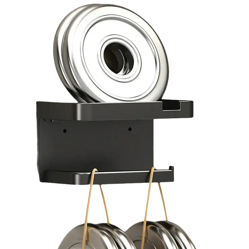 Black wall-mounted pot lid organizer.