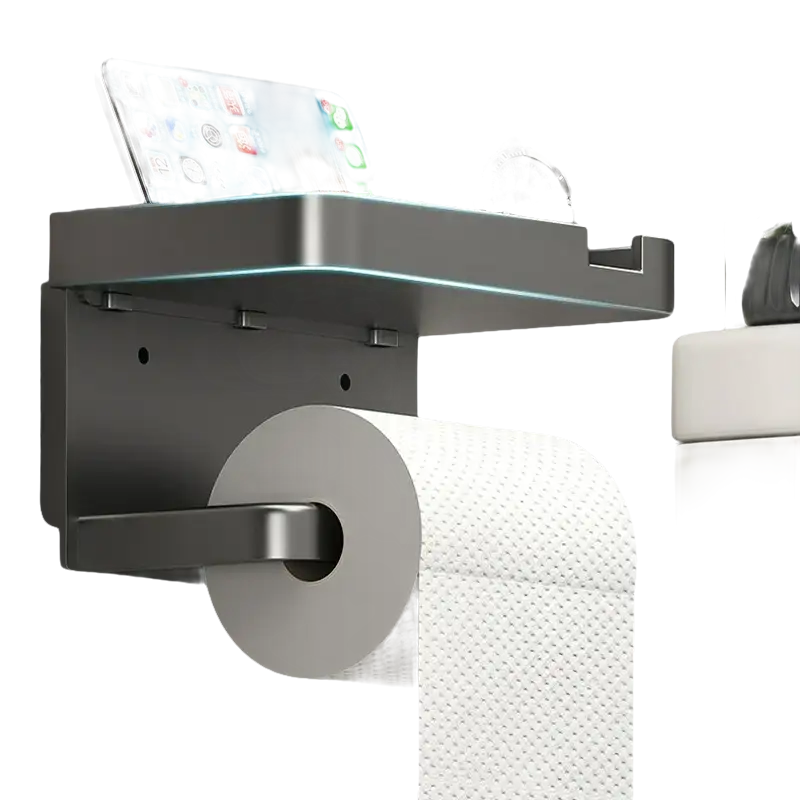 Gray toilet paper holder with shelf.