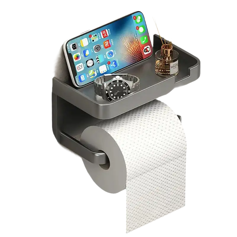Gray toilet paper holder with shelf.