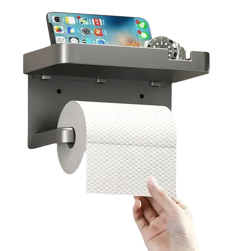 Gray toilet paper holder with shelf.