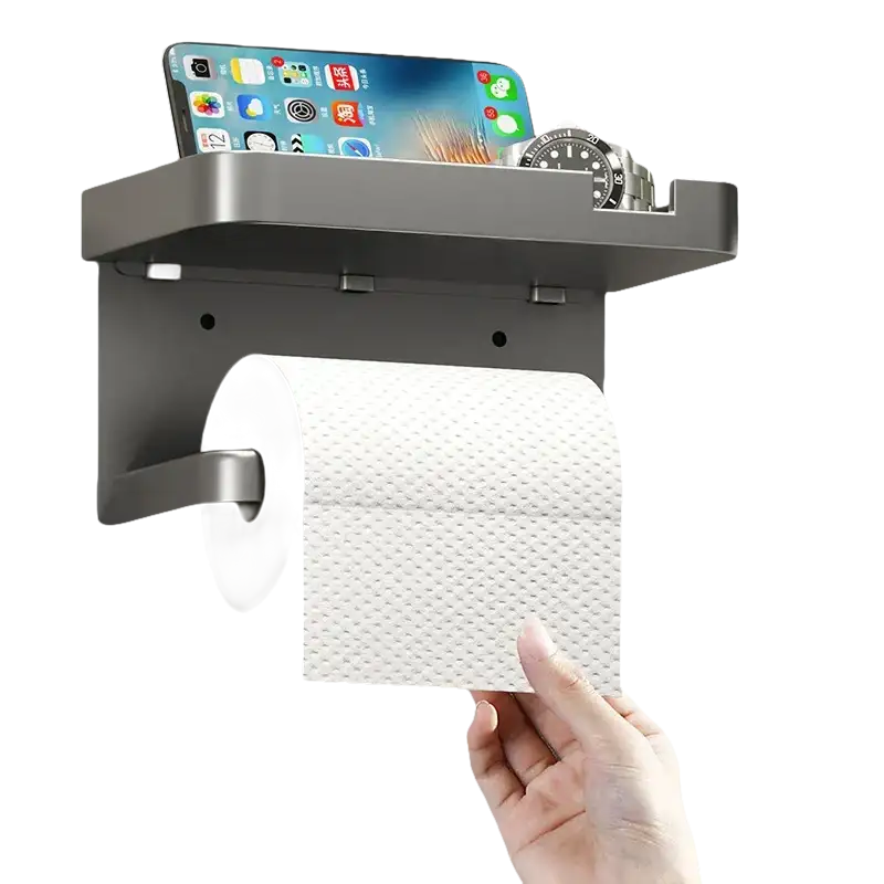Gray toilet paper holder with shelf.
