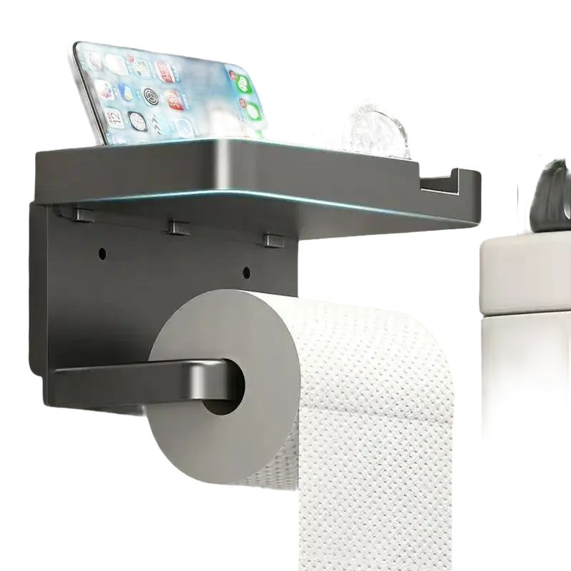 Gray toilet paper holder with shelf.