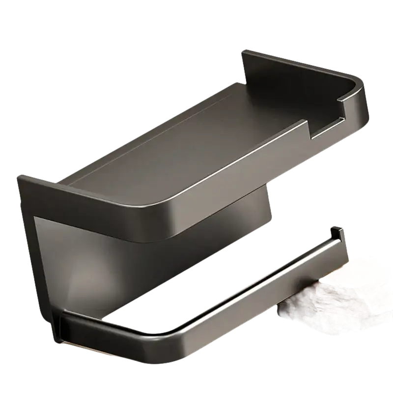 Modern matte black toilet paper holder with shelf.