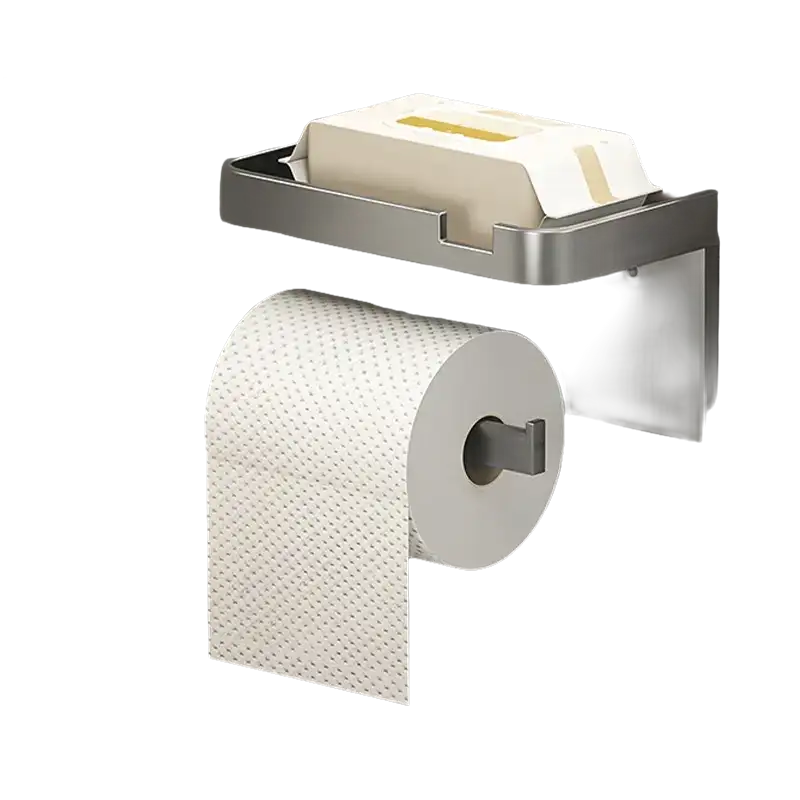 Silver toilet paper holder with shelf.