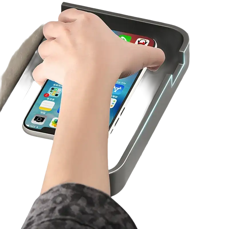 Toilet paper holder with phone shelf.
