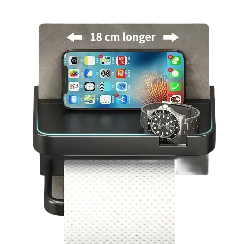 Toilet paper holder with shelf.