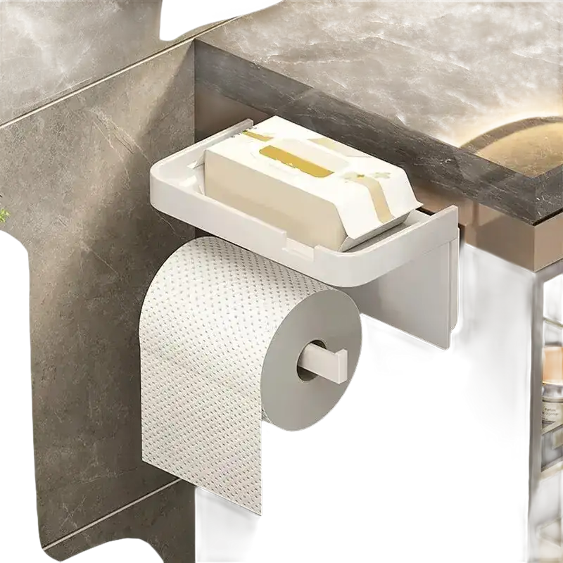 White toilet paper holder with shelf.