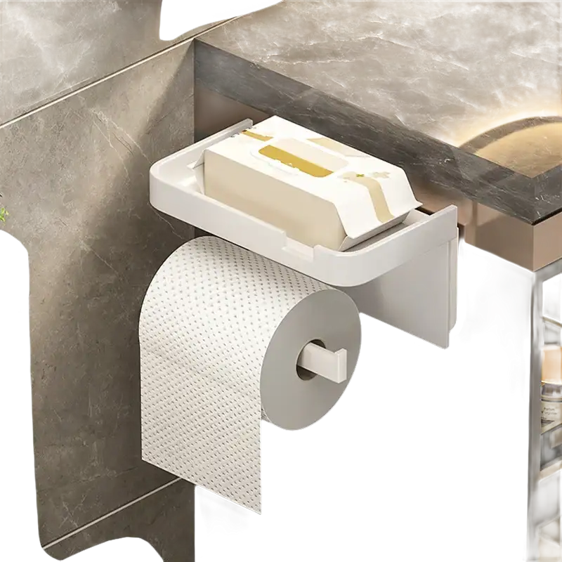 White toilet paper holder with shelf.