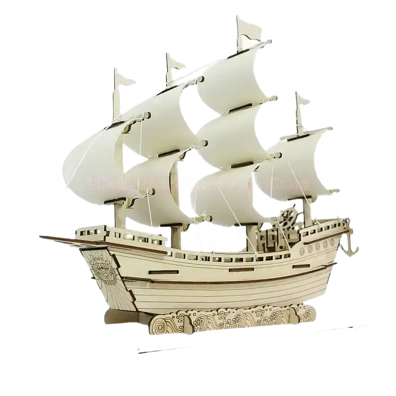 Wooden ship model with sails.