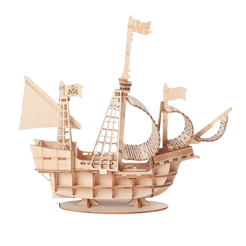 Wooden ship model with dimensions.