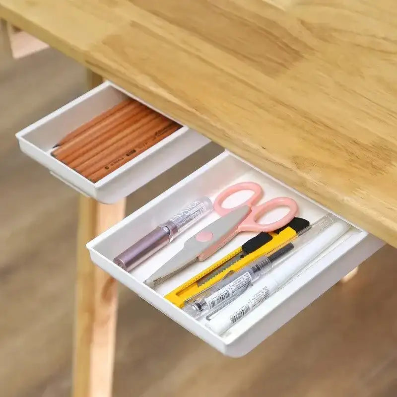 2pc White SelfAdhesive Storage Drawer Box Makeup Pencil Tray Desk Hidden Under Desk Stand Self-adhesive Under-drawer