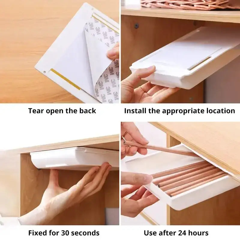 2pc White SelfAdhesive Storage Drawer Box Makeup Pencil Tray Desk Hidden Under Desk Stand Self-adhesive Under-drawer