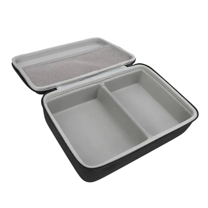 Open black and gray carrying case.