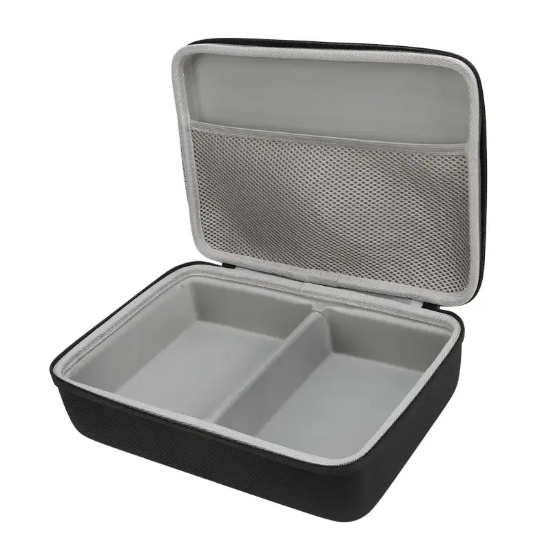Open black carrying case with gray interior.