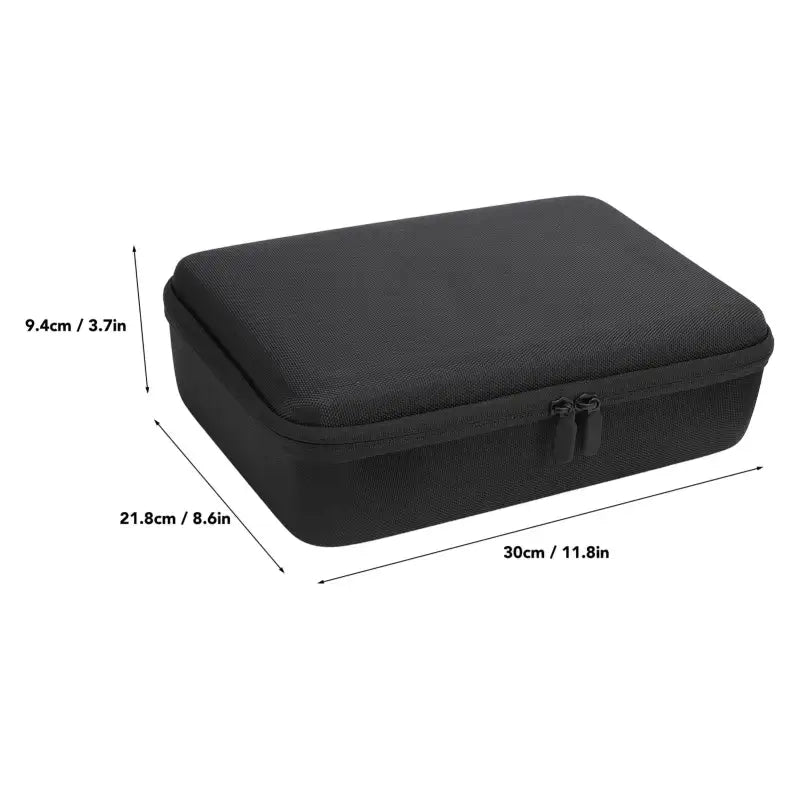 Black zippered carrying case with dimensions.