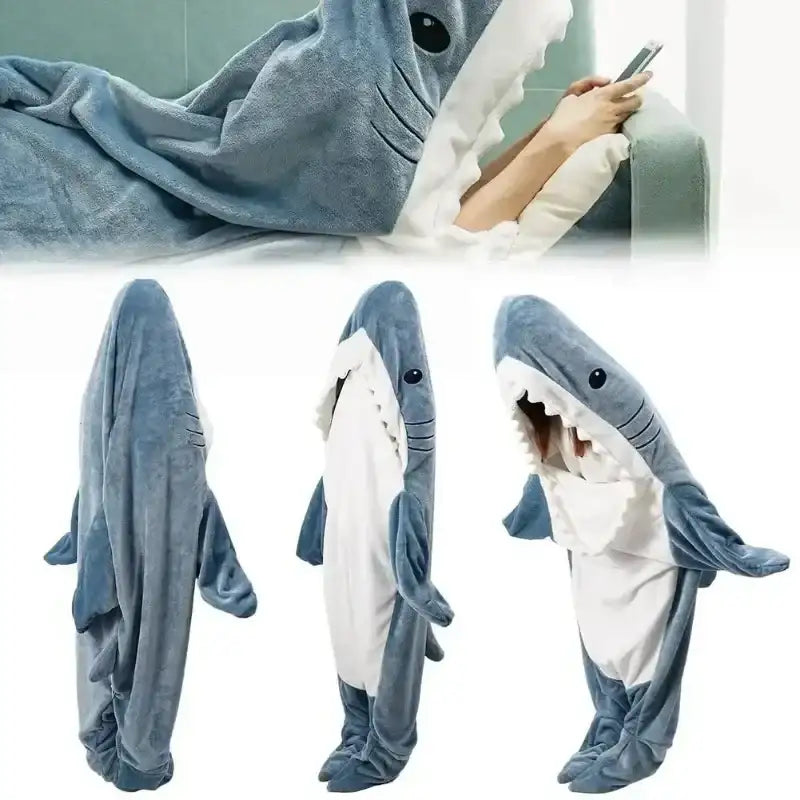 Cartoon Shark Blanket Plaid Women Pajamas Sleeping Bag Robe Shark Blanket Megalodon Gown Adult Homewear Plaid Comfy