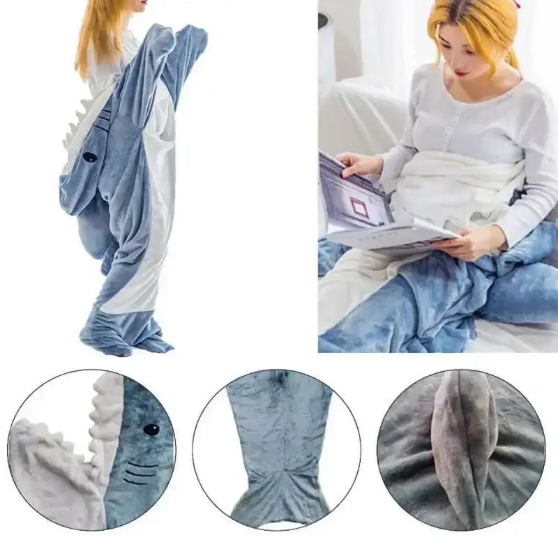 Cartoon Shark Blanket Plaid Women Pajamas Sleeping Bag Robe Shark Blanket Megalodon Gown Adult Homewear Plaid Comfy