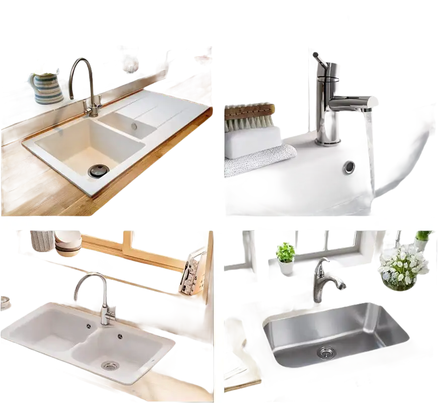 Various kitchen and bathroom sinks.