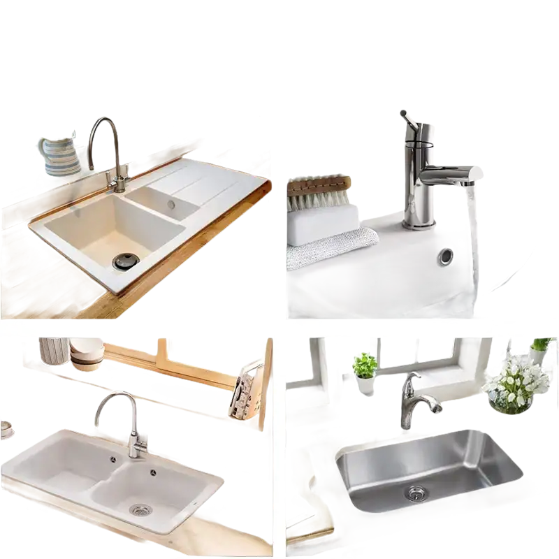 Various kitchen and bathroom sinks.