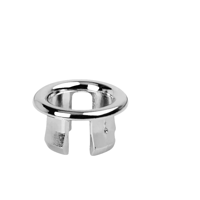 Chrome overflow drain cover with dimensions.