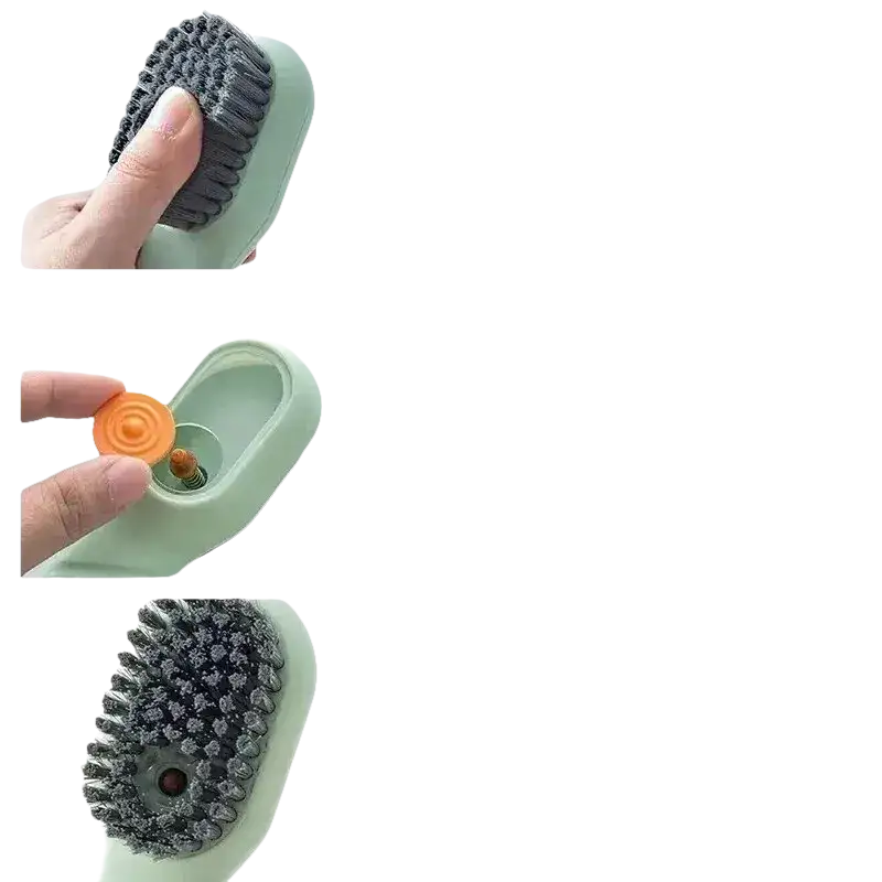 Soft-bristled cleaning brush with liquid dispenser.