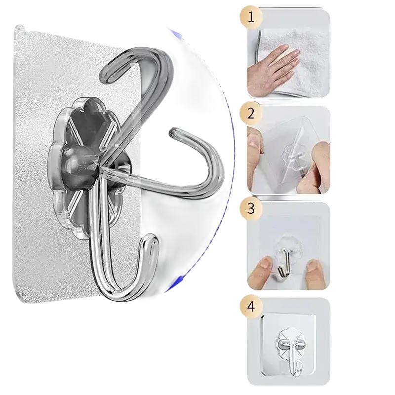 Rotating adhesive wall hook with installation instructions.