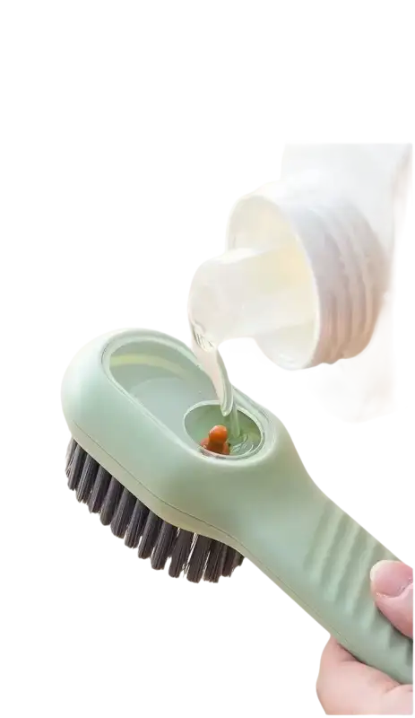 Green cleaning brush with liquid dispenser.