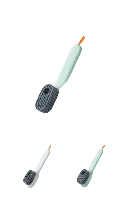 Green and gray cleaning brush with dimensions.