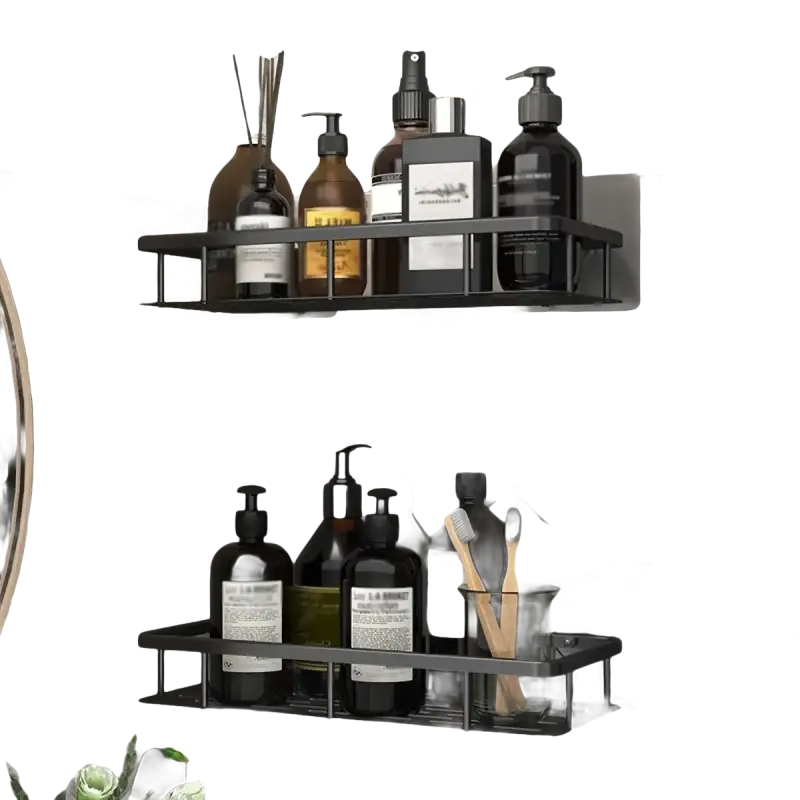 Trendy black metal bathroom shelf with toiletries, perfect as a kitchen storage organizer