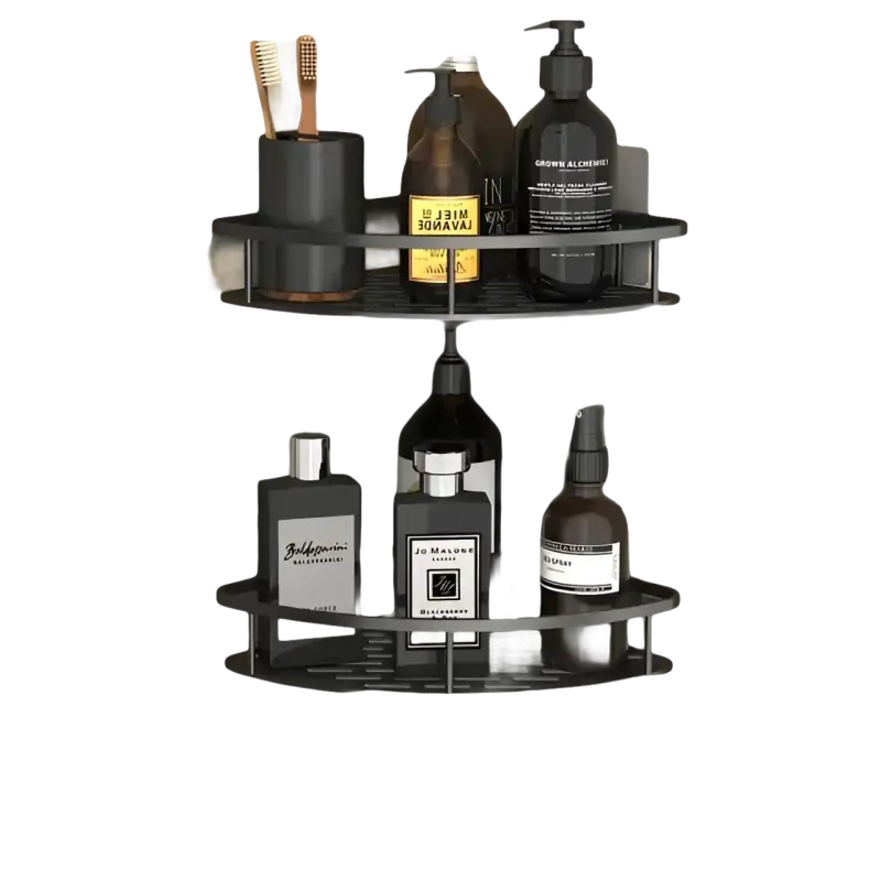 Two-tiered corner shower caddy on Shower Shenanigans bathroom shelf for kitchen storage