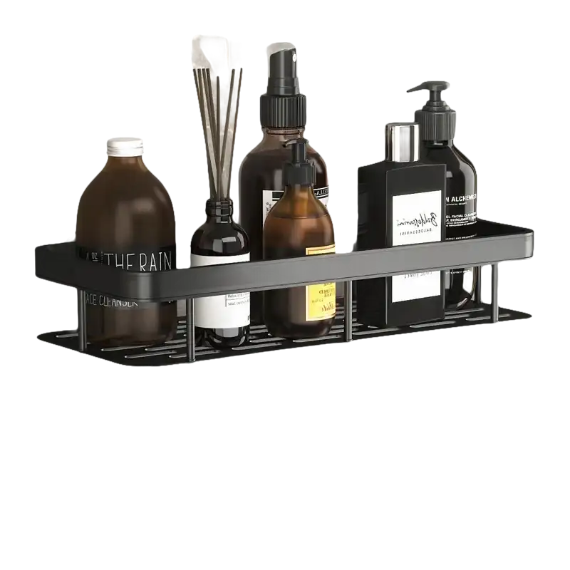 Black aluminum bathroom shelf from Shower Shenanigans, a trendy kitchen storage organizer