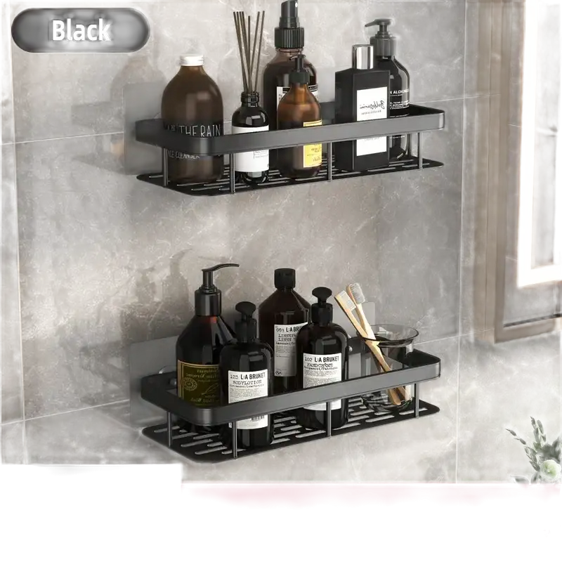 Black aluminum bathroom shelf from Shower Shenanigans, trendy kitchen storage organizer