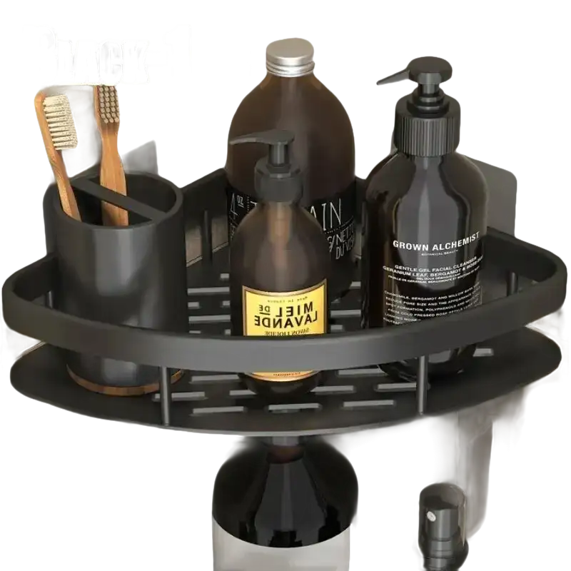 Black corner shower caddy on trendy bathroom shelf for stylish kitchen storage organizer