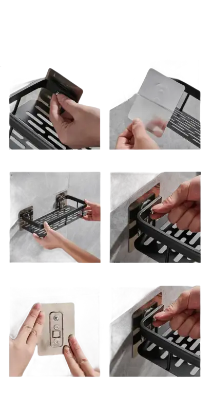Black metal shower caddy being installed on bathroom shelf for organized kitchen storage