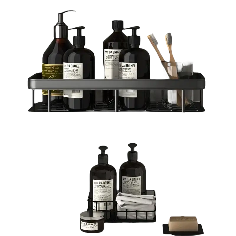 Black metal bathroom shelf for stylish kitchen storage organizer and trendy bathroom decor