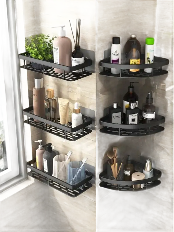 Black bathroom shelf from Shower Shenanigans, the trendy kitchen storage organizer