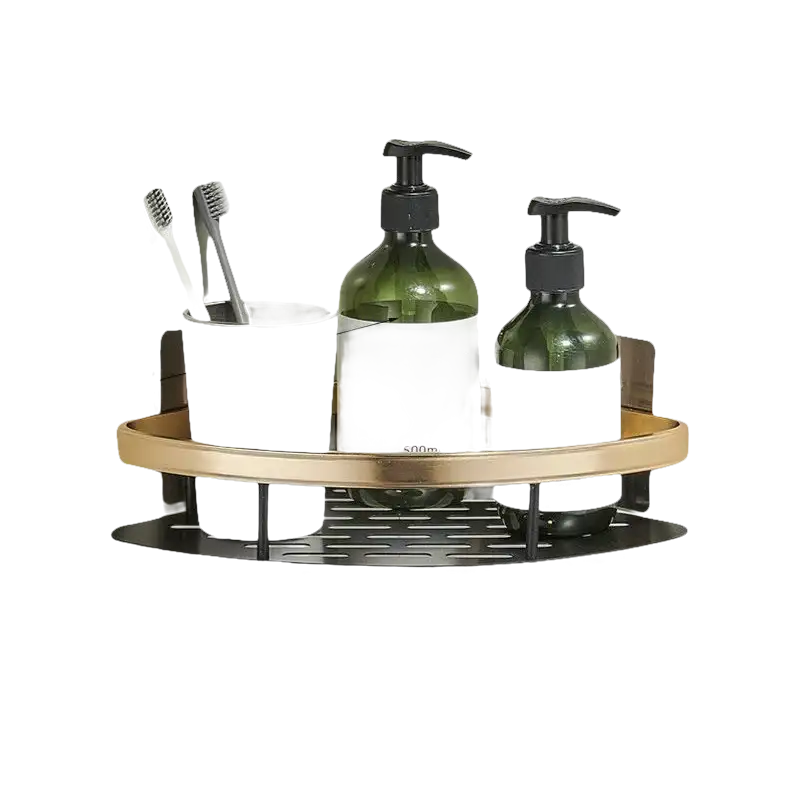 Gold and black bathroom shelf from Shower Shenanigans, trendy bathroom shelf for storage