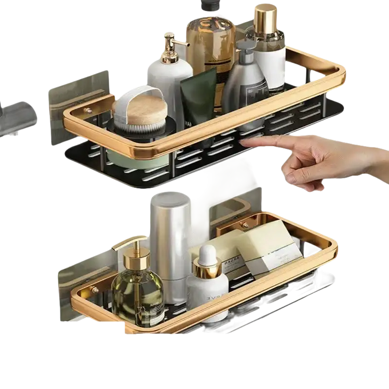 Gold-trimmed bathroom shelf for stylish bathroom storage organizer in Shower Shenanigans kit