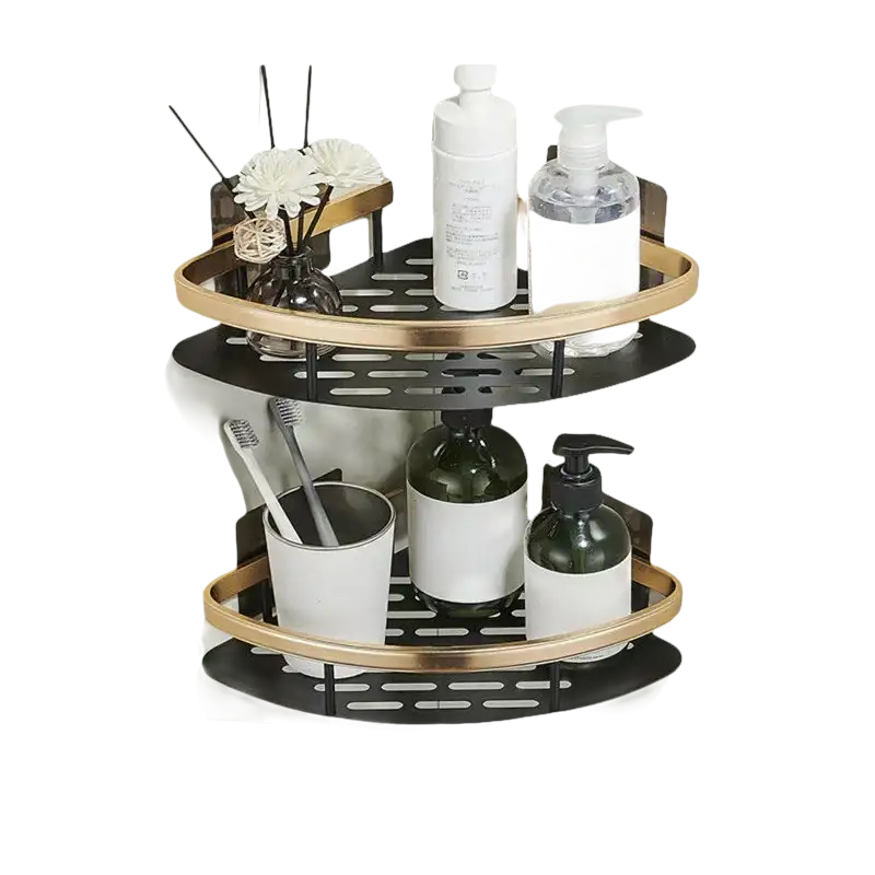 Trendy two-tiered corner bathroom shelf shown in Shower Shenanigans for stylish bathroom storage