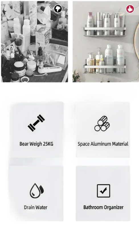 Bathroom shelf features of Shower Shenanigans aluminum storage organizer for tidy space