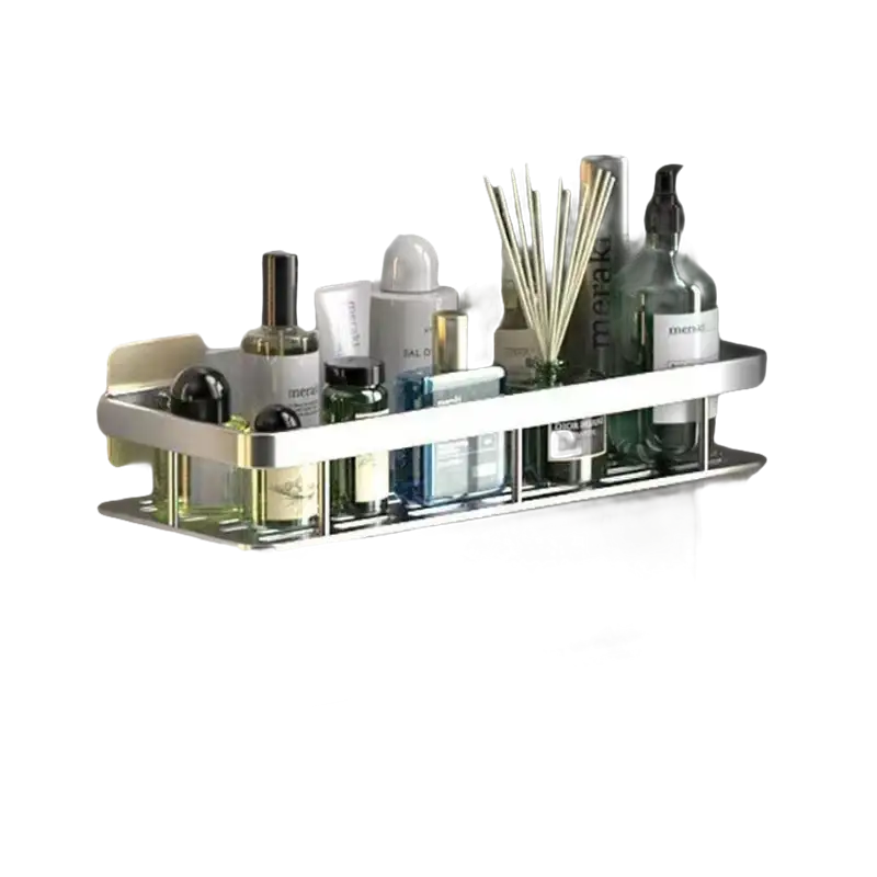 Silver bathroom shelf with toiletries, perfect aluminum storage organizer for your space