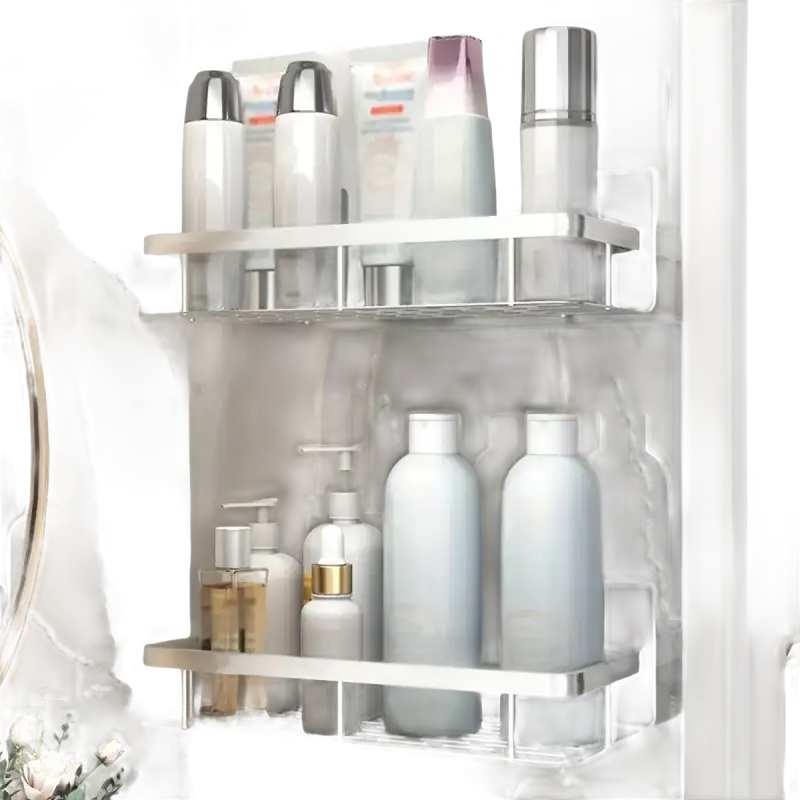 Trendy two-tier bathroom shelf with toiletries, perfect as a bathroom or kitchen storage organizer