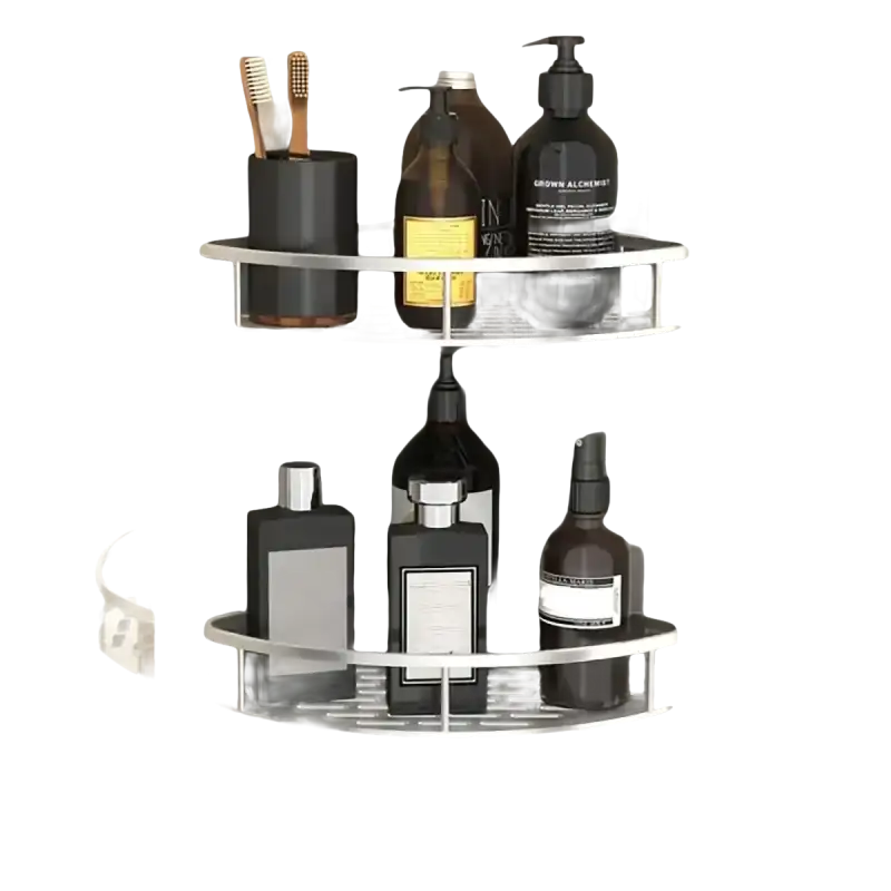 Two-tiered corner shower caddy on trendy bathroom shelf for bathroom and kitchen storage