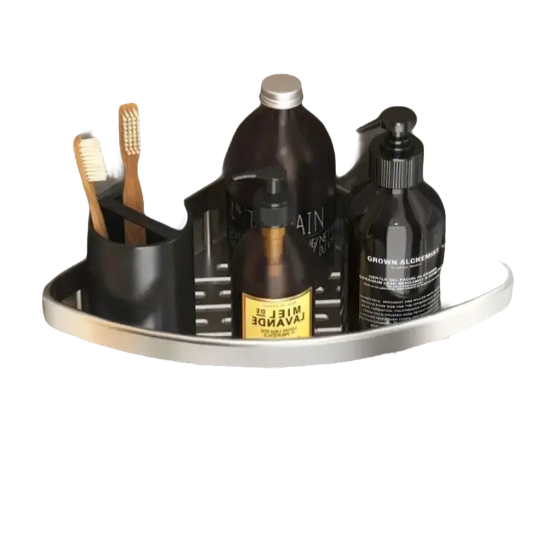 Silver corner shower shelf from Shower Shenanigans, a trendy bathroom shelf and kitchen storage organizer