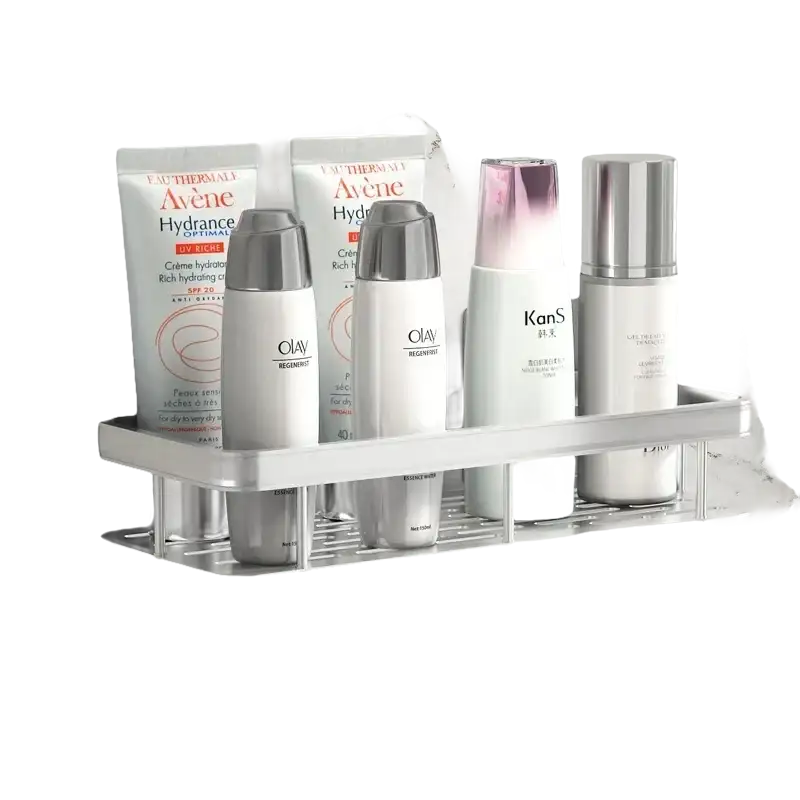 Silver bathroom shelf with toiletries, perfect aluminum storage organizer for your space