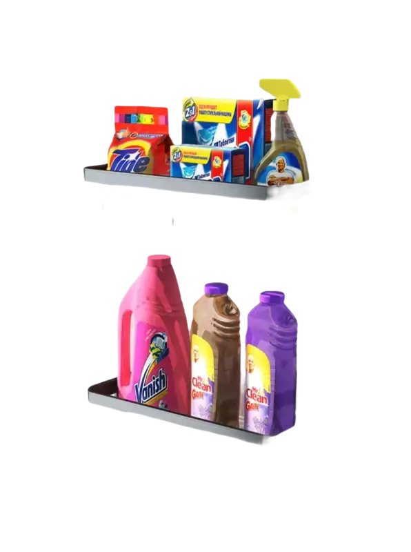 Black metal bathroom shelf with cleaning supplies, perfect kitchen storage organizer