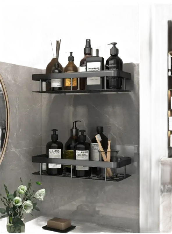 Trendy black metal bathroom shelf perfect for shower storage or kitchen organizer
